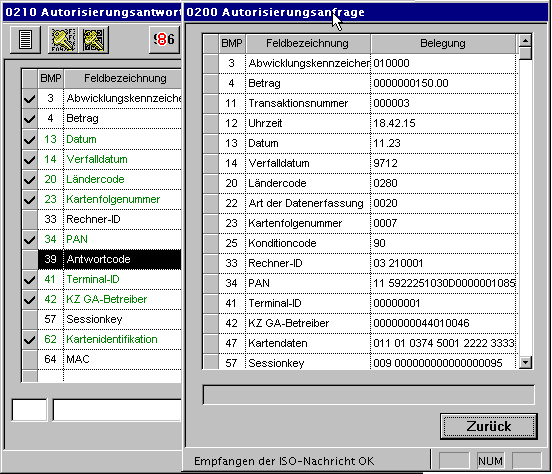 Anfrage- und Antwortfenster nebeneinander